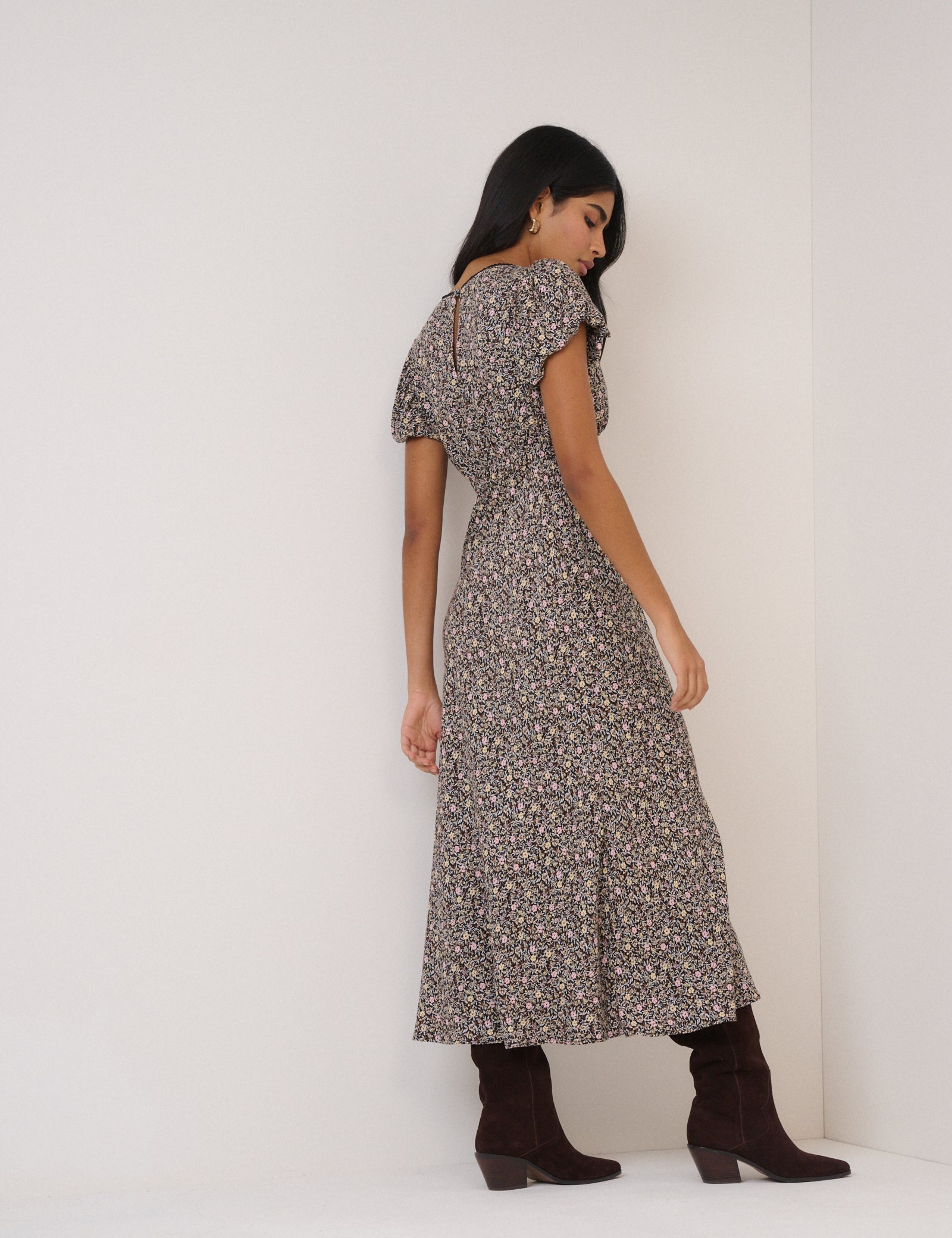 Black Floral Sicily Midi Dress