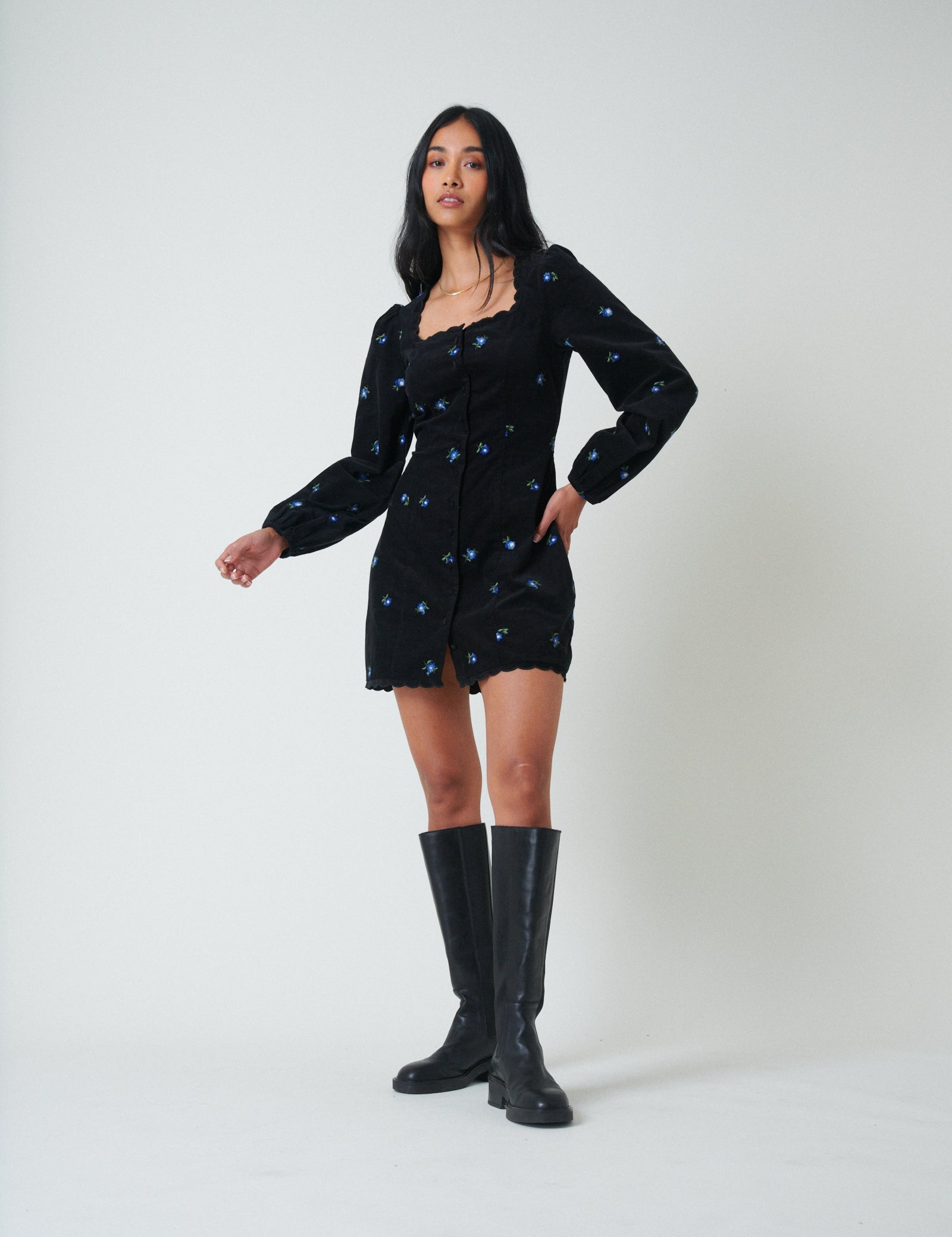 Black Cord Floral Embroidered Memphis Mini Dress