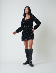 Black Cord Floral Embroidered Memphis Mini Dress