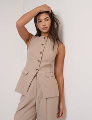 Beige Square Neck Longline Waistcoat