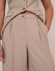 Beige Wide Leg Tailored Trousers