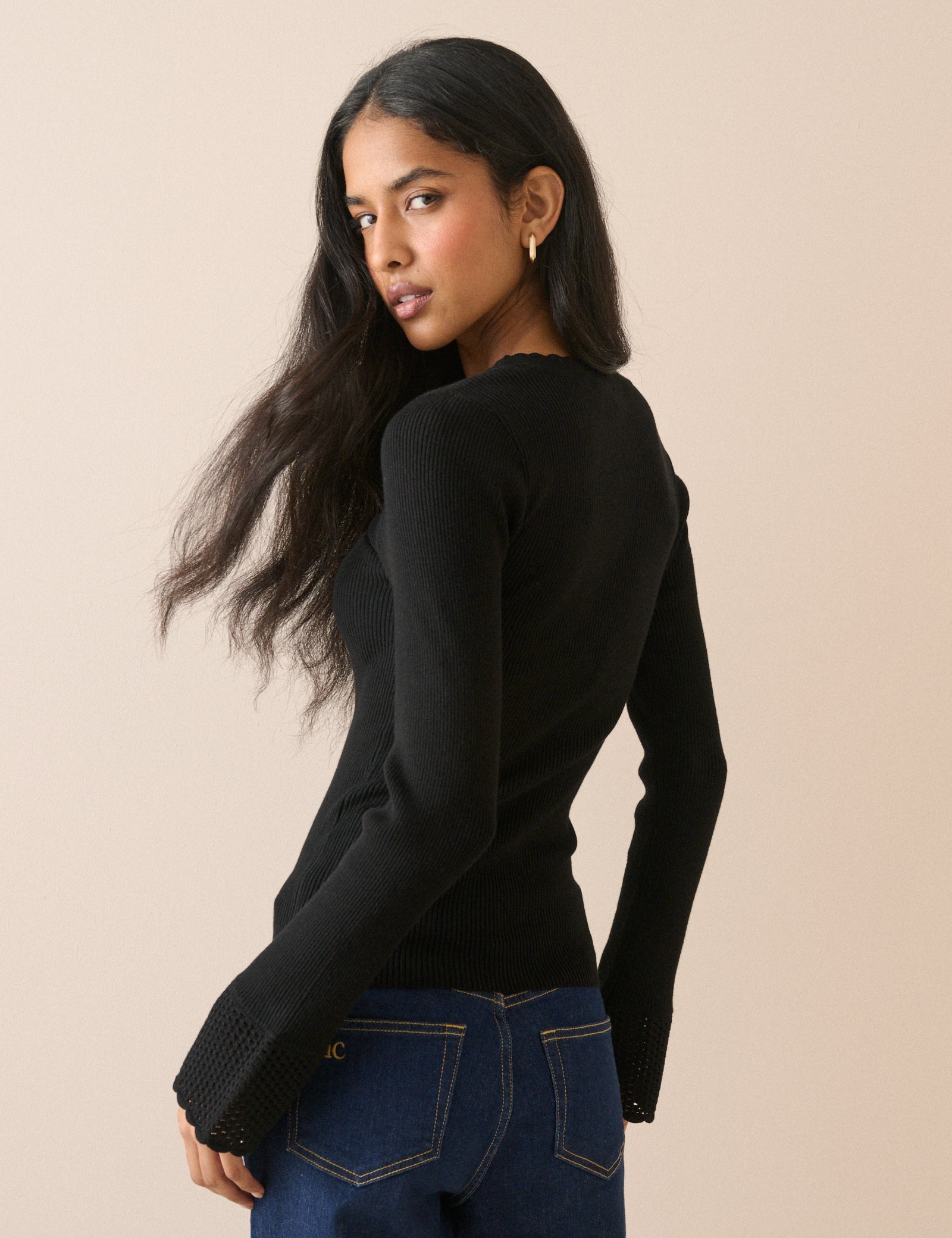 Black Crochet Trim Ribbed Top