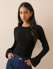 Black Crochet Trim Ribbed Top