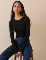 Black Crochet Trim Ribbed Top