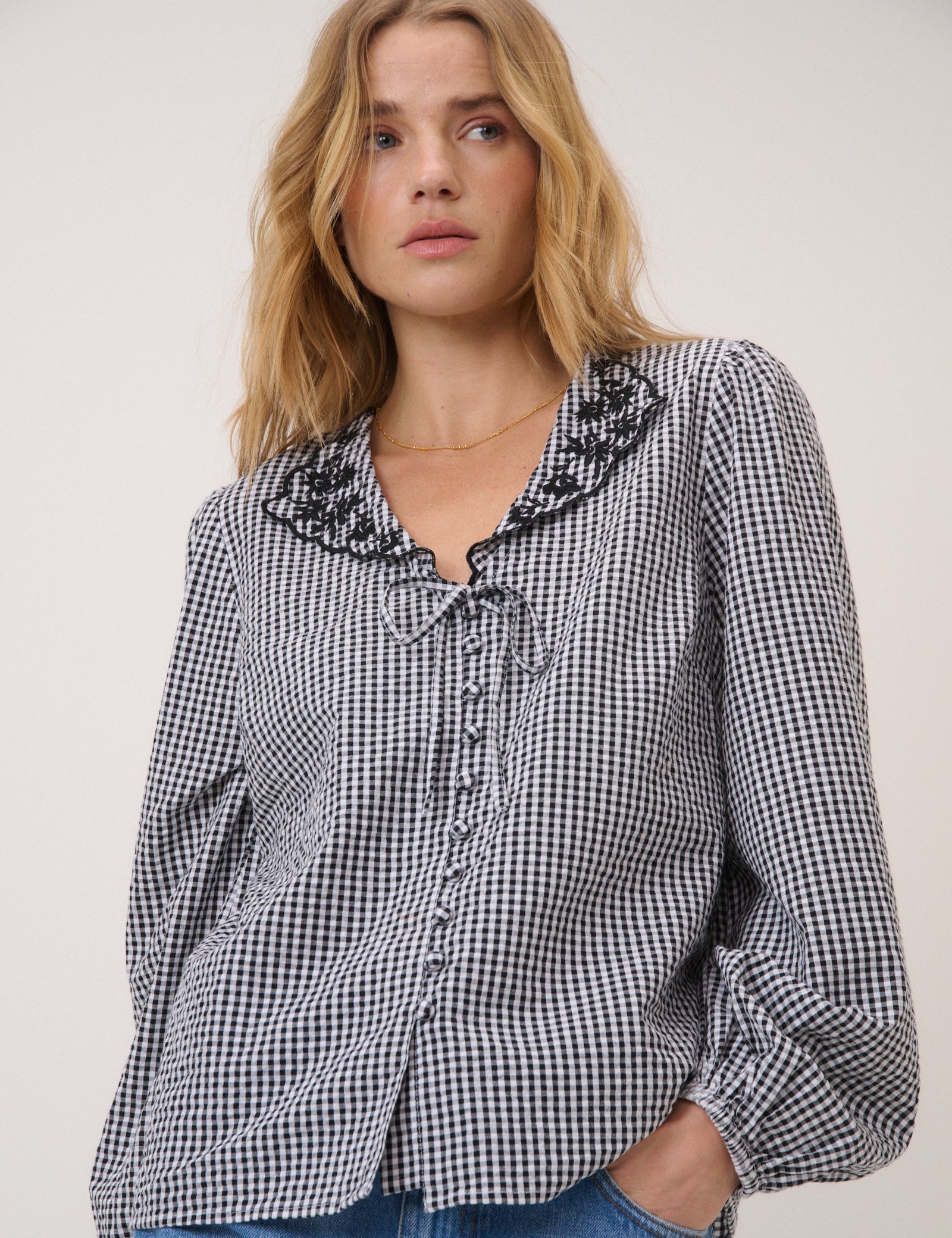 Black Gingham Embroidered Floral Collar Blouse