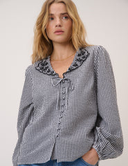 Black Gingham Embroidered Floral Collar Blouse