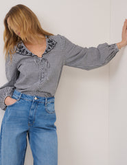 Black Gingham Embroidered Floral Collar Blouse