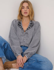 Black Gingham Embroidered Floral Collar Blouse