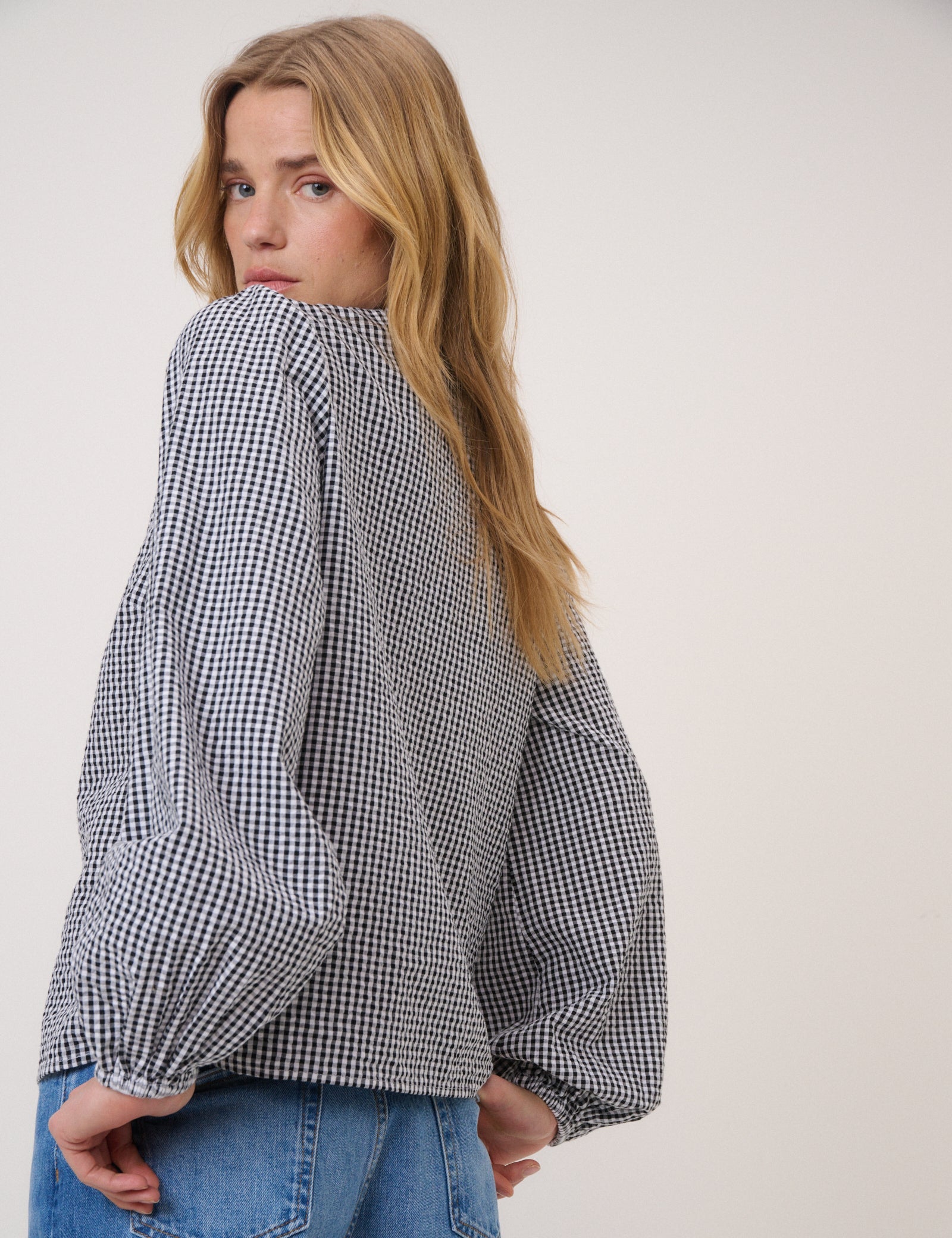 Black Gingham Embroidered Floral Collar Blouse