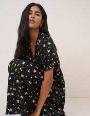 Black Floral Puff Sleeve Saffy Midi Dress