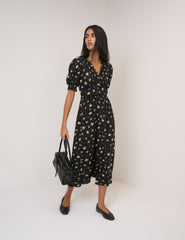 Black Floral Puff Sleeve Saffy Midi Dress