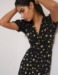 Black Floral Puff Sleeve Saffy Midi Dress