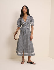 Black Gingham Puff Sleeve Saffy Midi Dress
