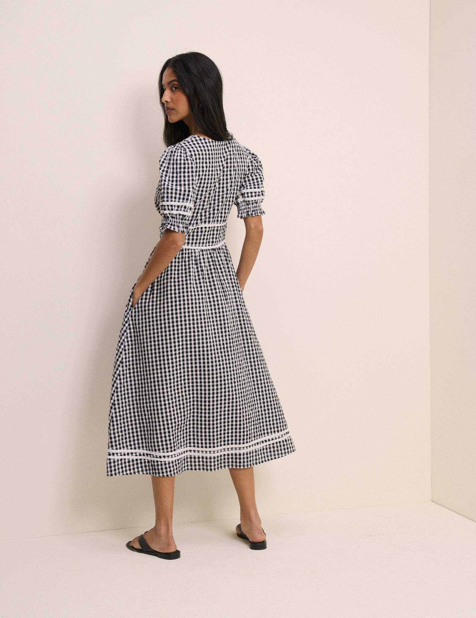 Black Gingham Puff Sleeve Saffy Midi Dress
