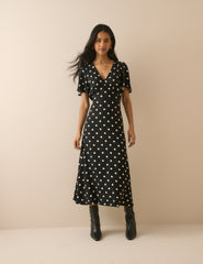 Black Polka Dot Atlas Midi Dress