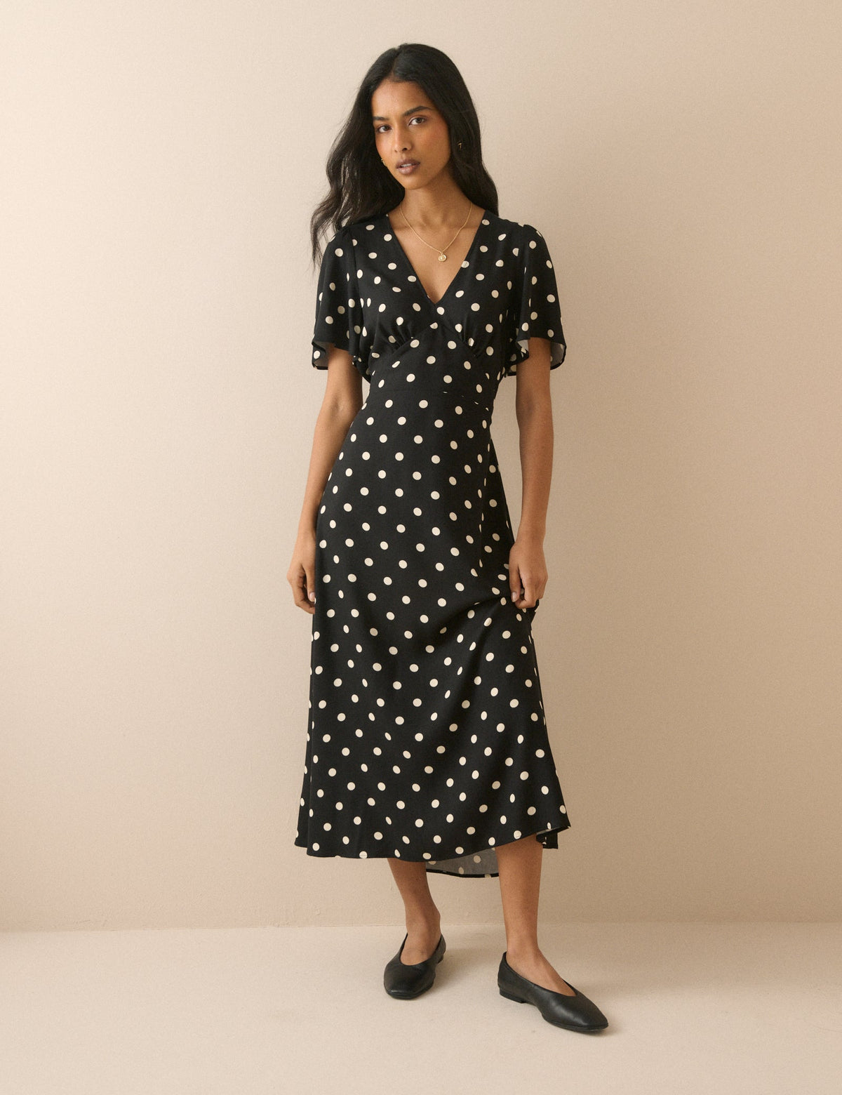 Black Polka Dot Atlas Midi Dress