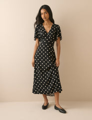 Black Polka Dot Atlas Midi Dress