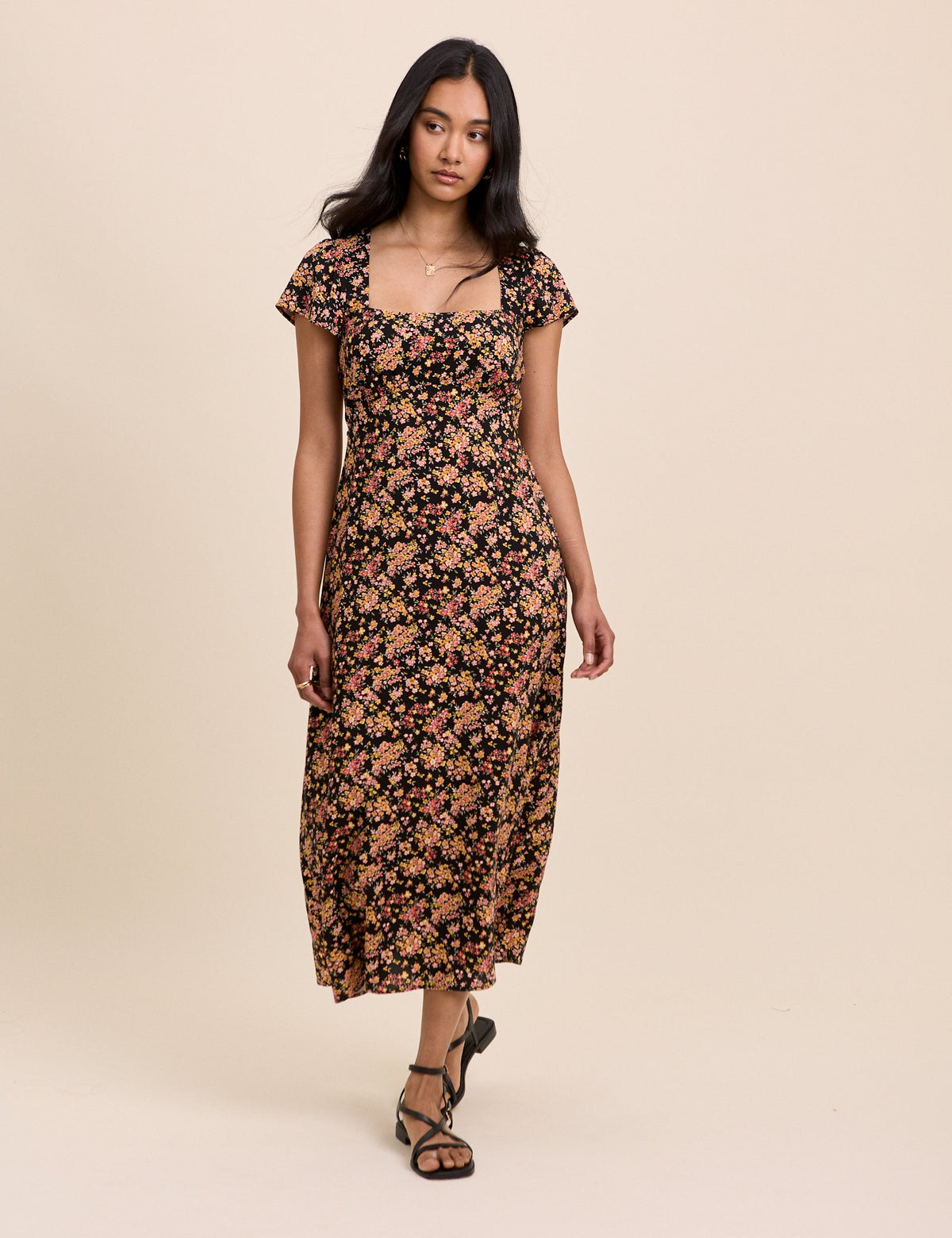 Black Floral Nora Midi Dress