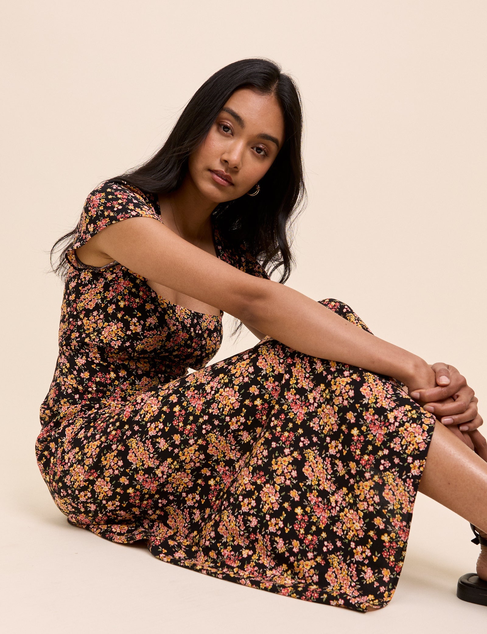 Black Floral Nora Midi Dress