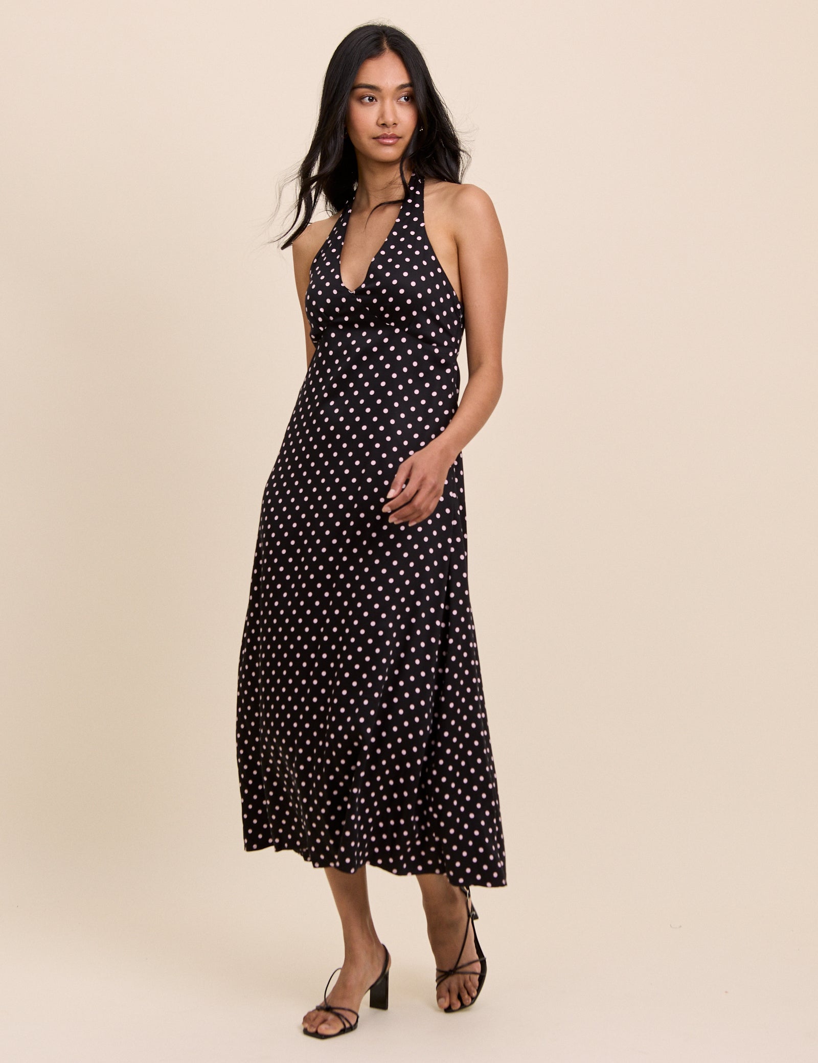 Black Polka Dot Halterneck Lynette Midi Dress