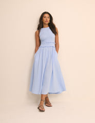 Baby Blue Shirred Bodice Ingrid Midi Dress