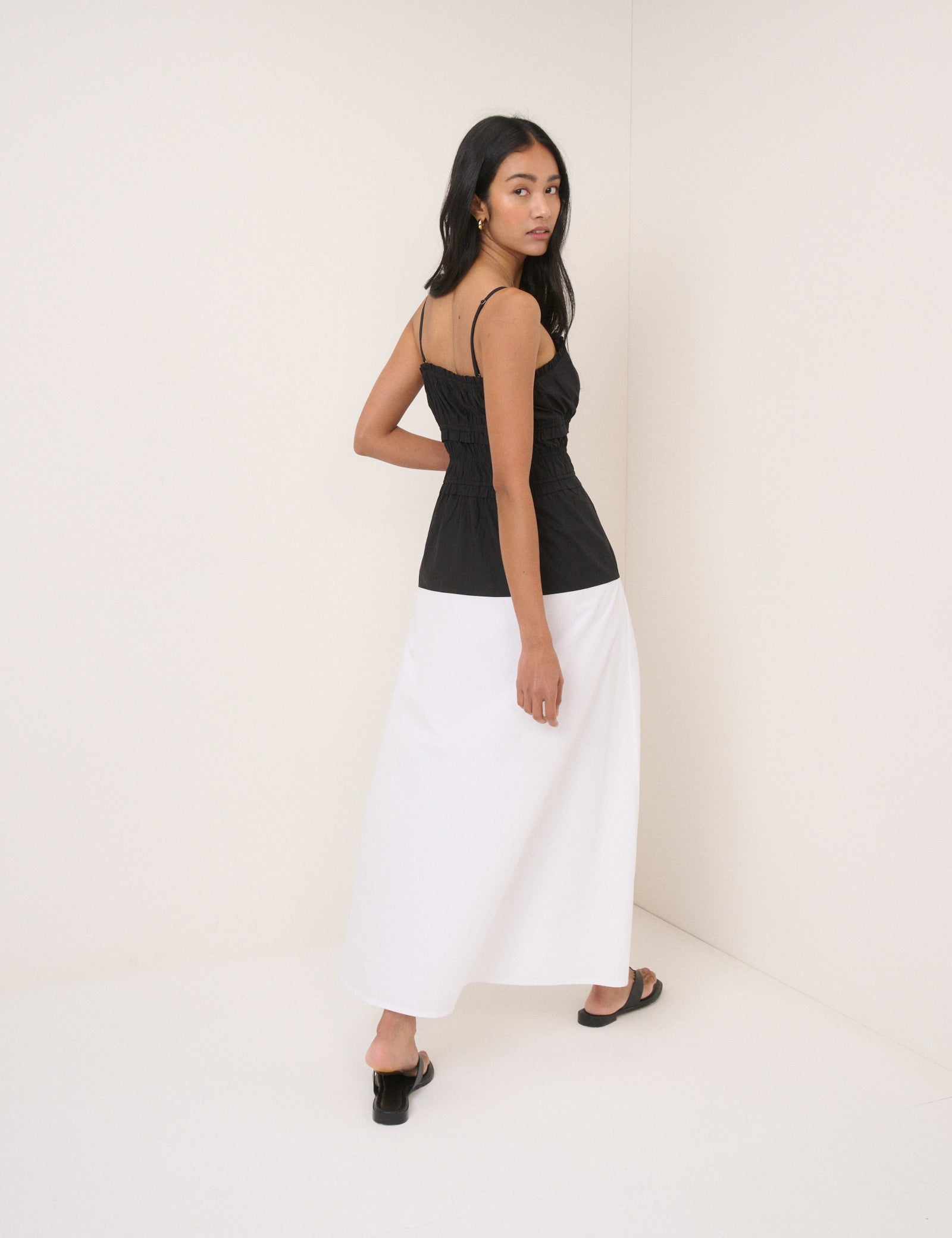 Black And White Shirred Waist Alina Midi Dress