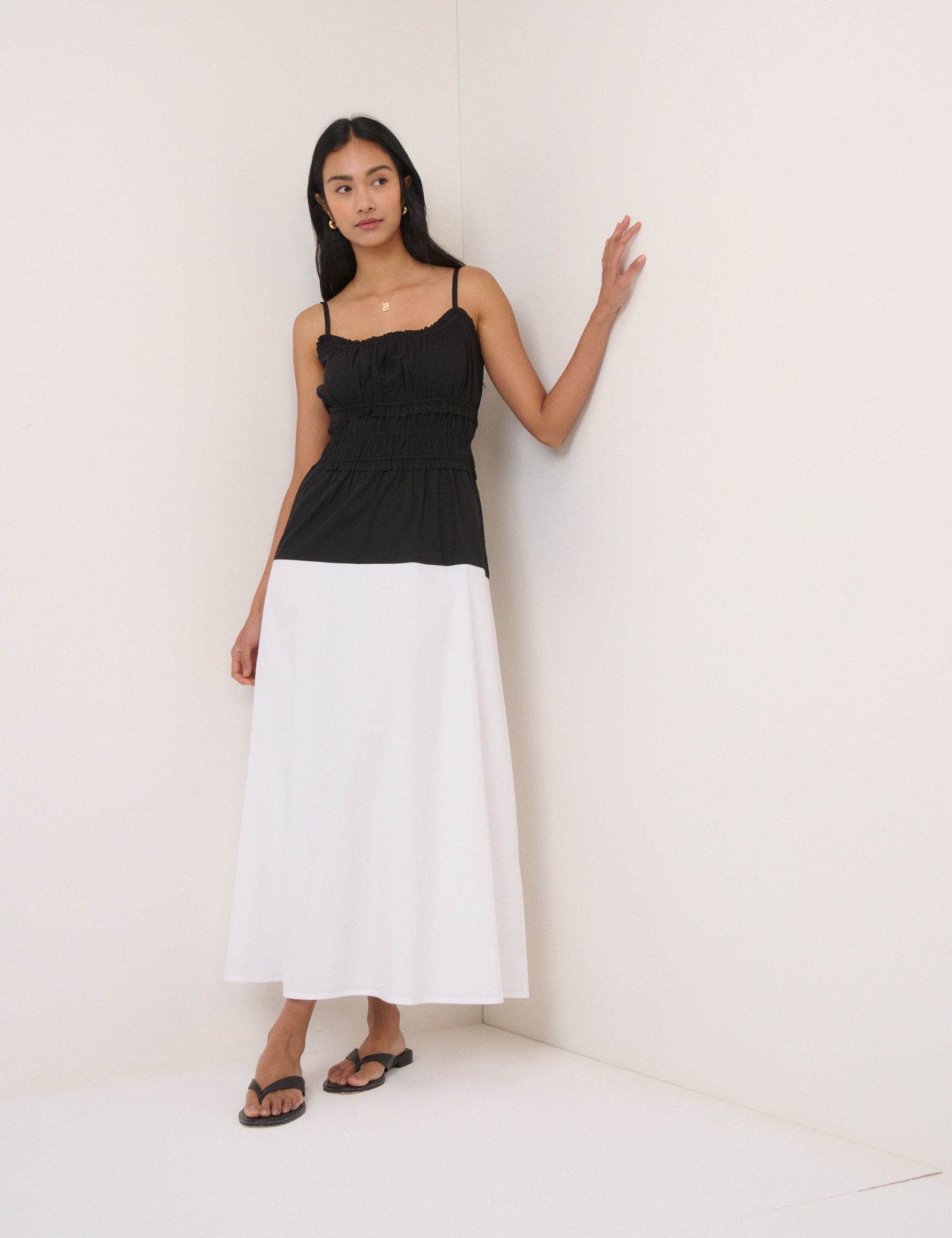 Black And White Shirred Waist Alina Midi Dress