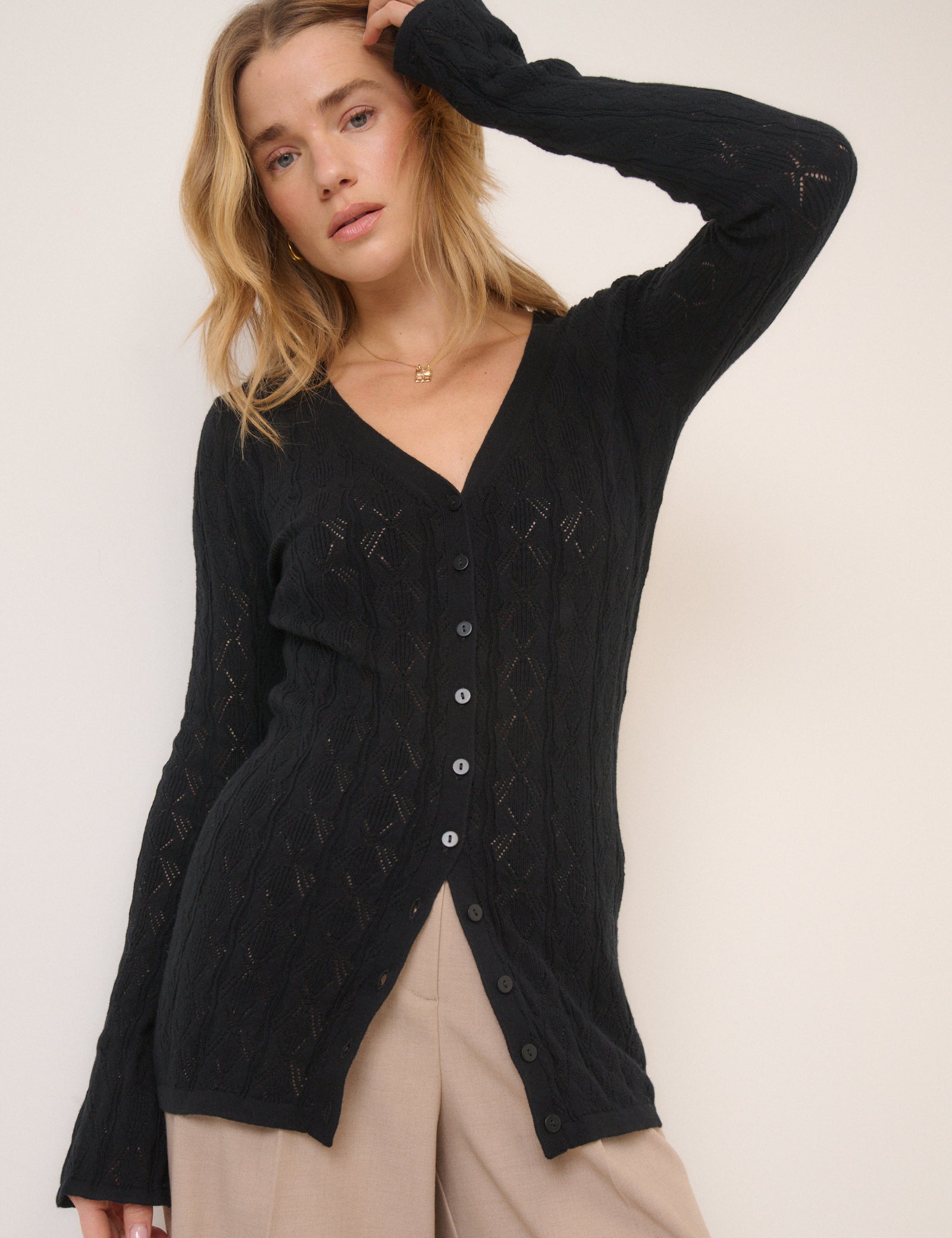 Black Pointelle V-Neck Cardigan