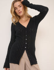 Black Pointelle V-Neck Cardigan