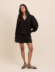 Black Linen-Blend Blouse