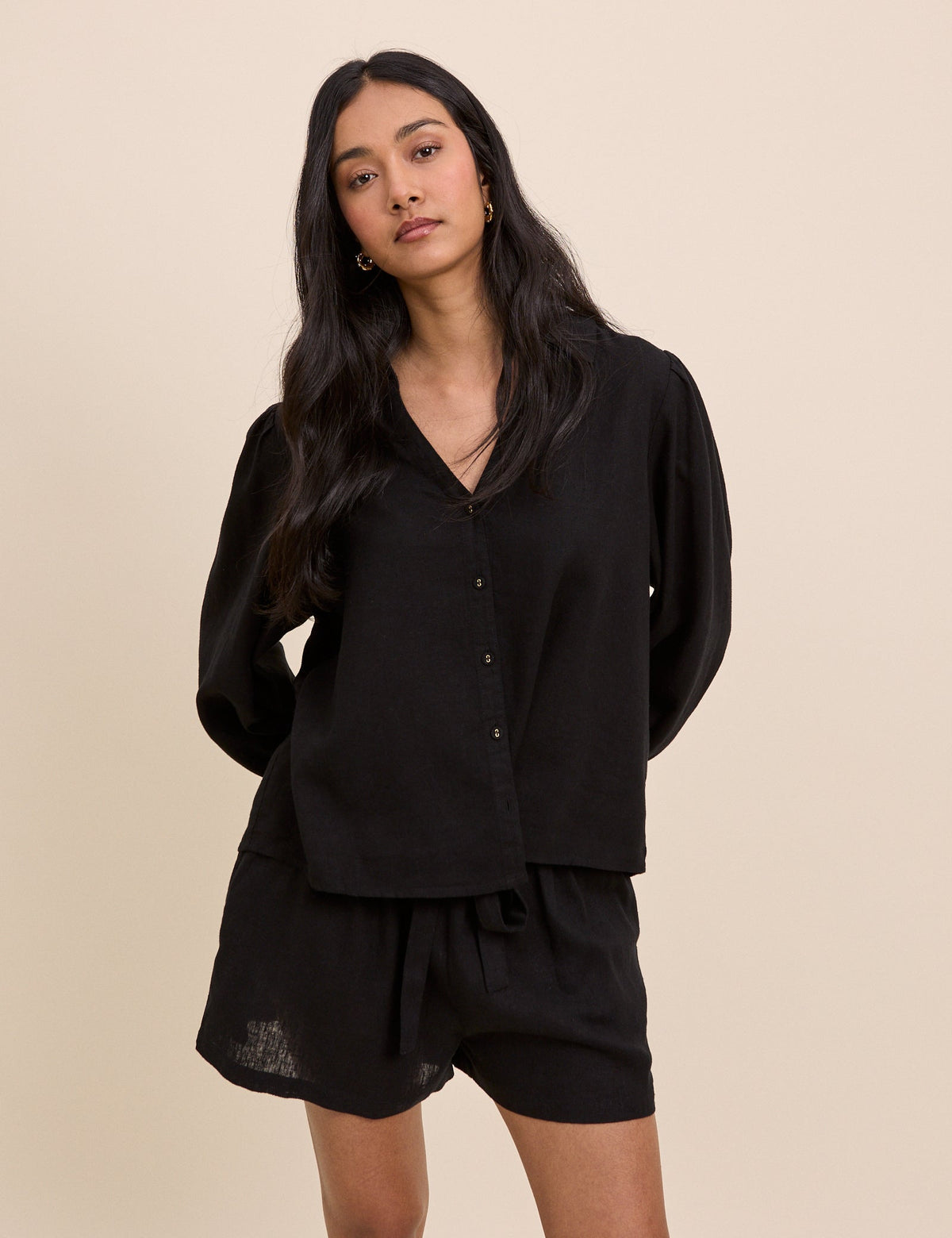 Black Linen-Blend Blouse