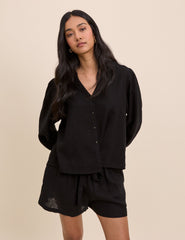 Black Linen-Blend Blouse