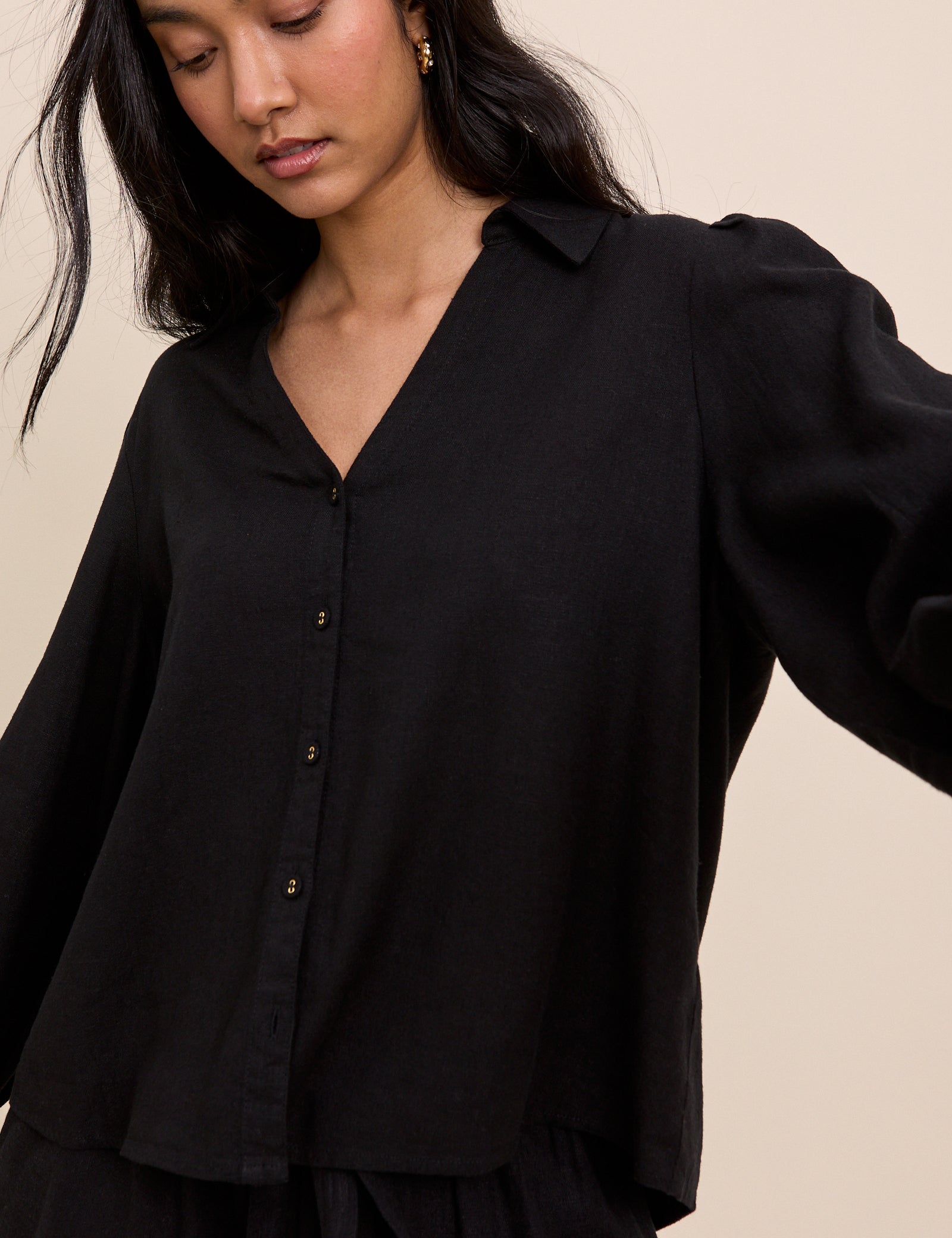 Black Linen-Blend Blouse