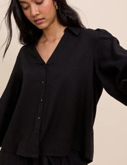Black Linen-Blend Blouse
