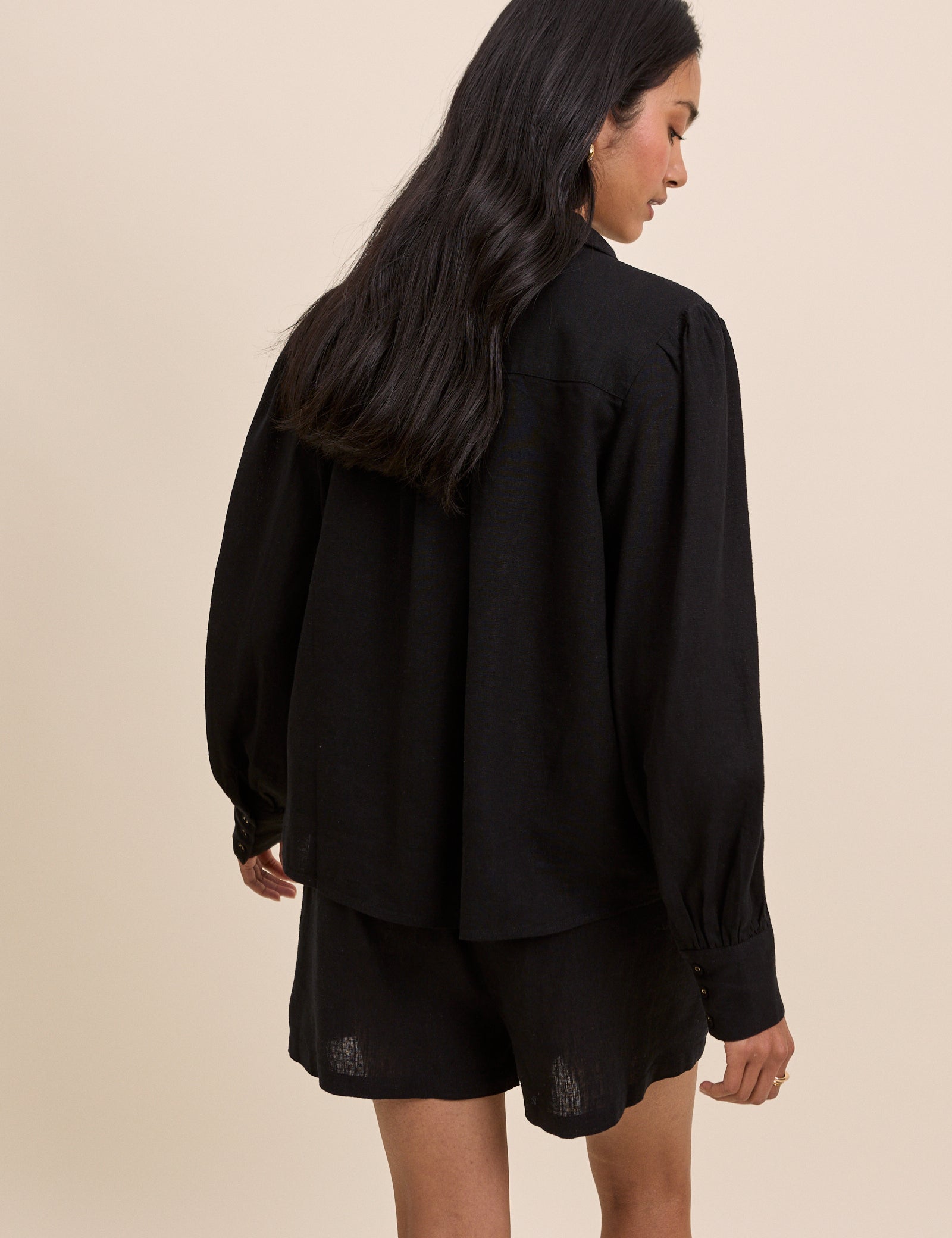 Black Linen-Blend Blouse