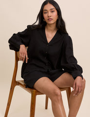 Black Linen-Blend Blouse