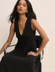 Black Shirred Sleeveless Audrey Midi Dress