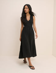 Black Shirred Sleeveless Audrey Midi Dress