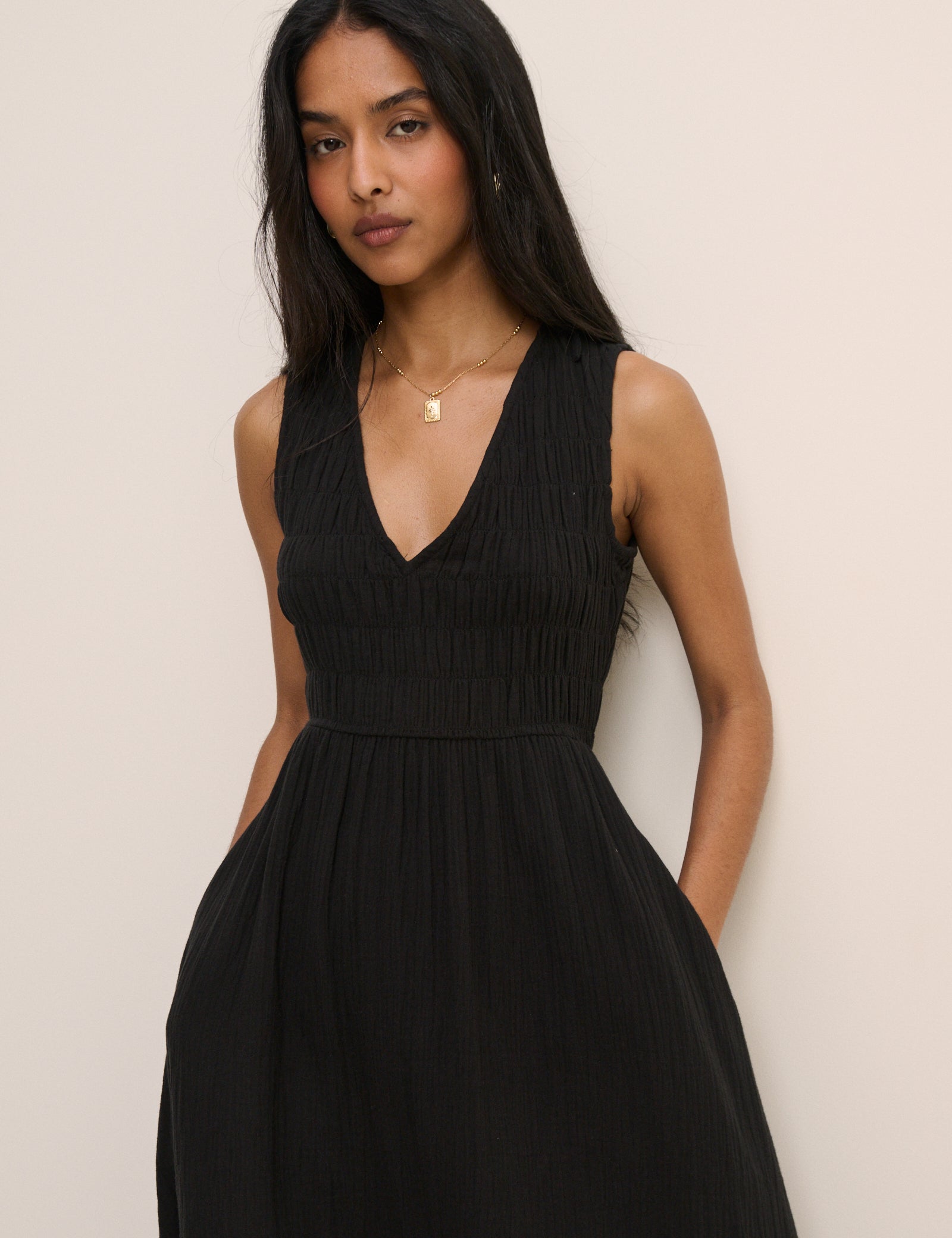 Black Shirred Sleeveless Audrey Midi Dress