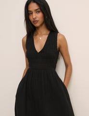 Black Shirred Sleeveless Audrey Midi Dress