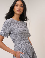 Black Gingham Shirred Leah Midi Dress