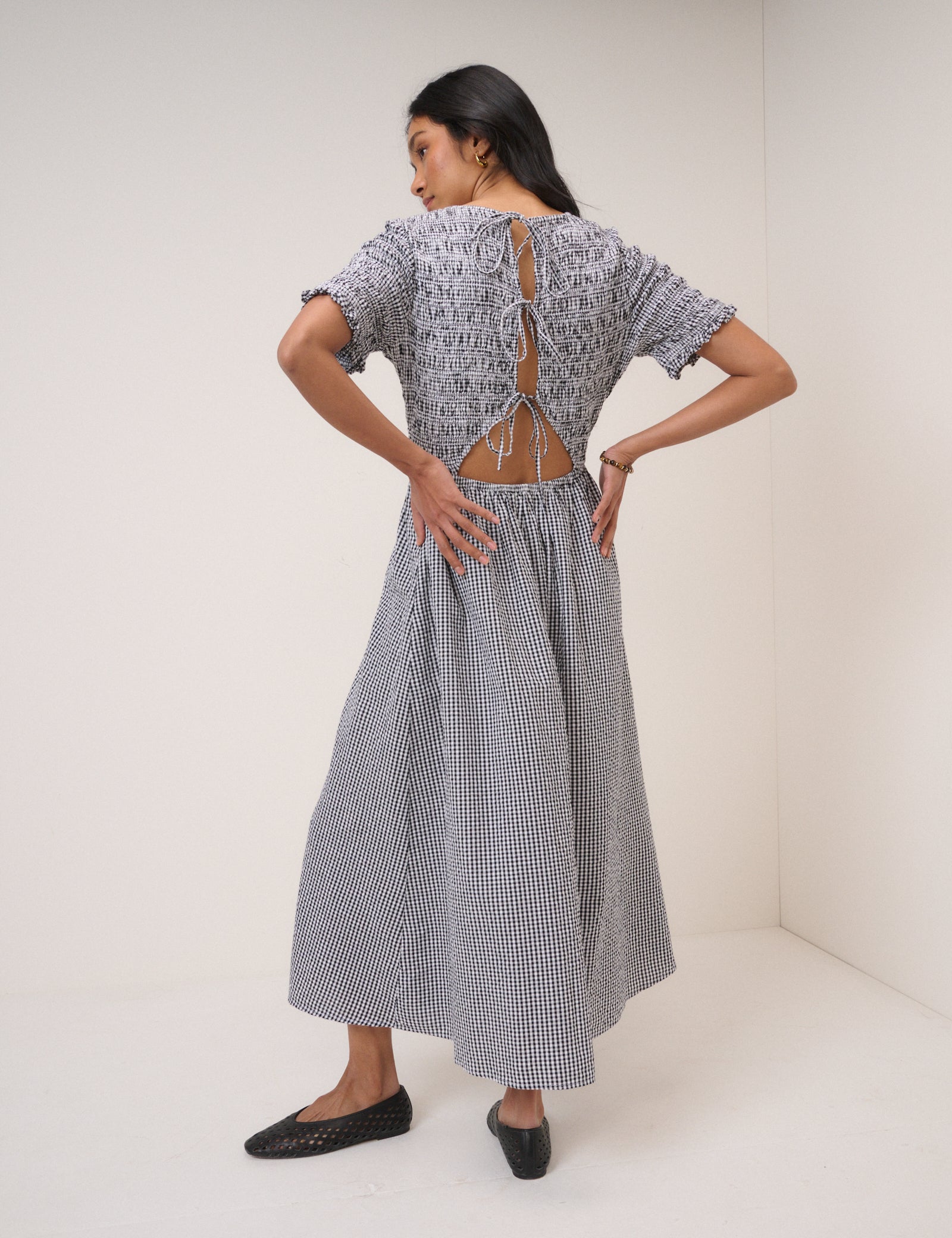 Black Gingham Shirred Leah Midi Dress