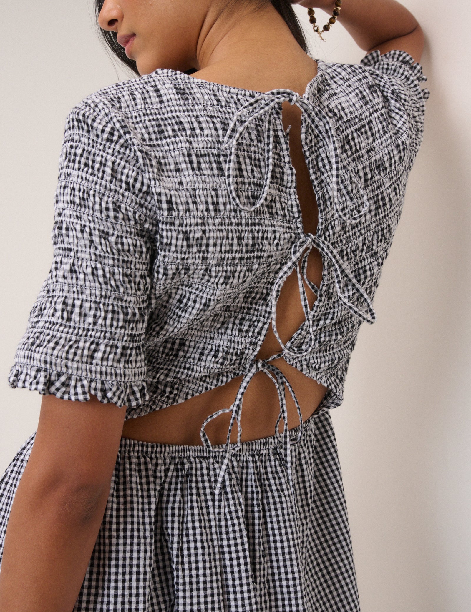 Black Gingham Shirred Leah Midi Dress