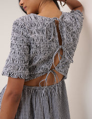 Black Gingham Shirred Leah Midi Dress