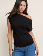 Black Draped Off Shoulder Jersey Top