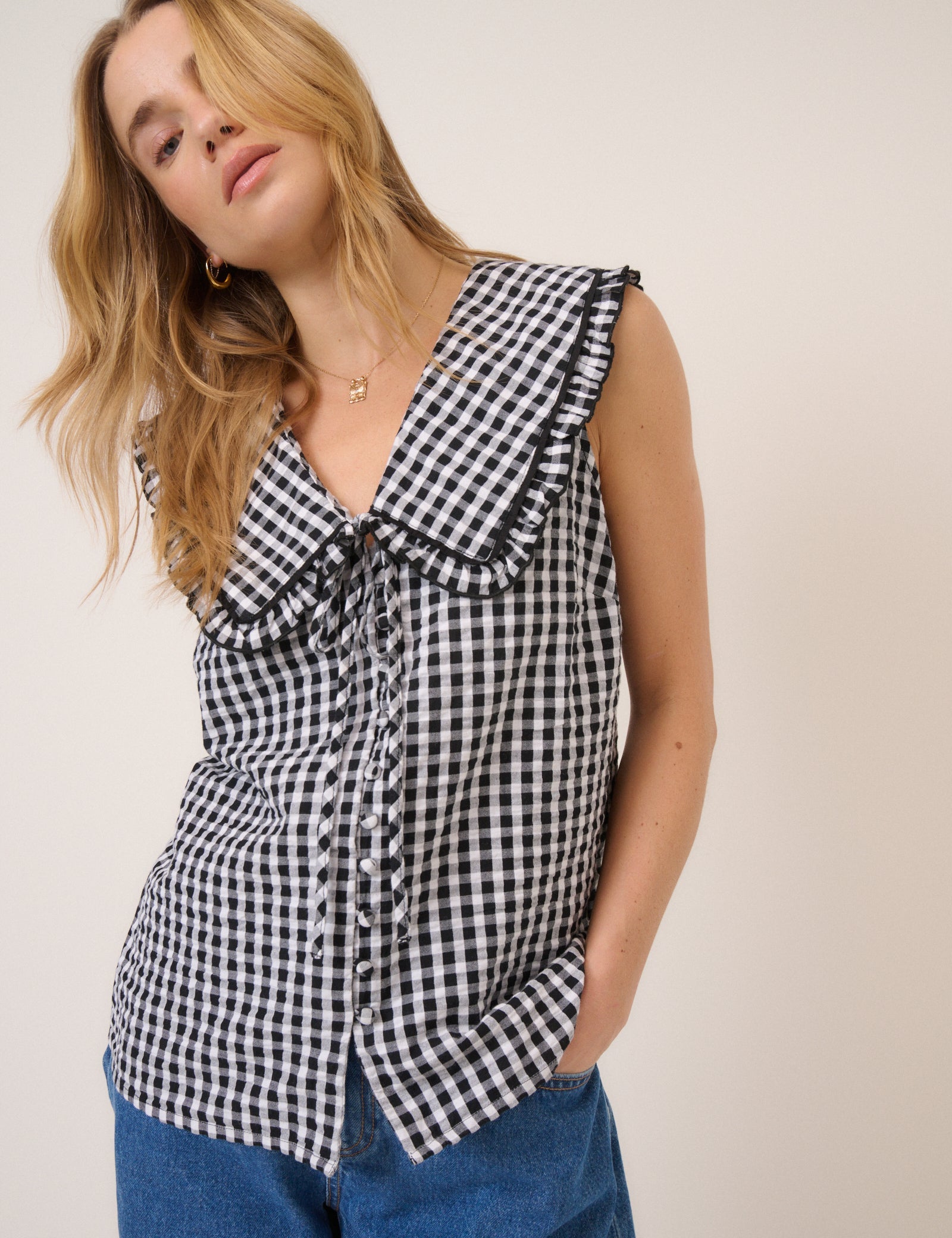 Black Gingham Peter Pan Collar Blouse