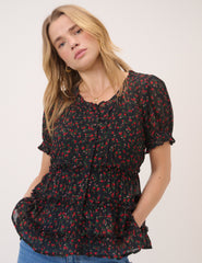 Black Floral Scoop Neck Top