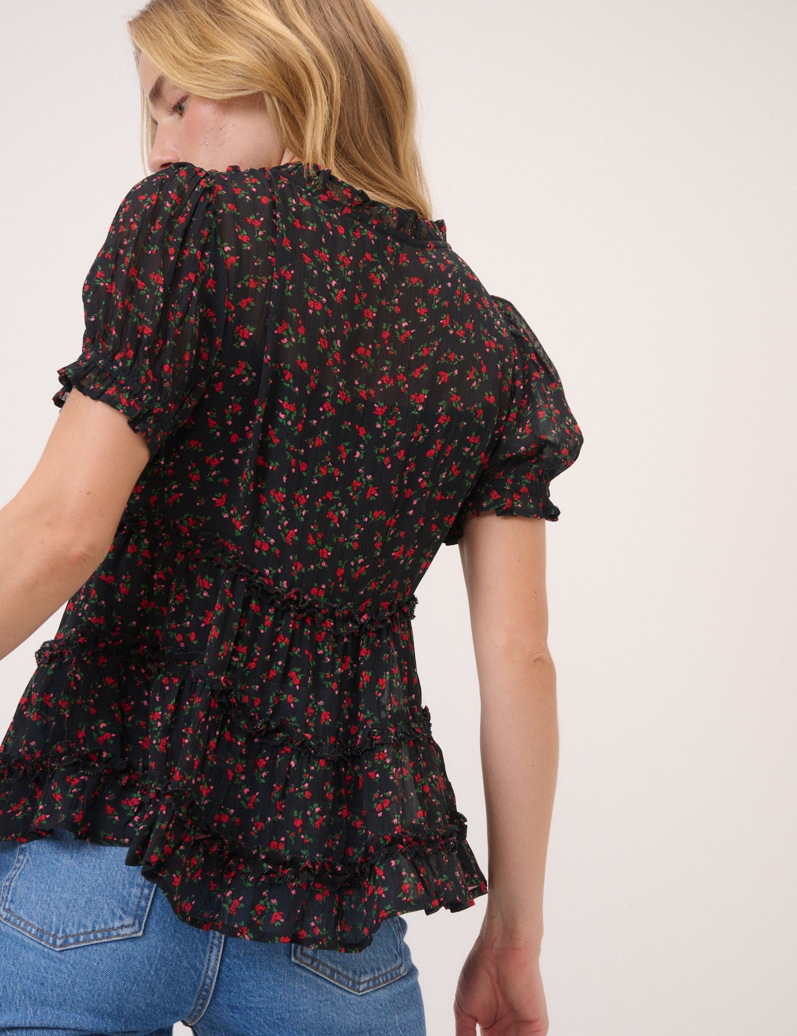 Black Floral Scoop Neck Top