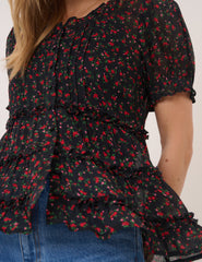 Black Floral Scoop Neck Top