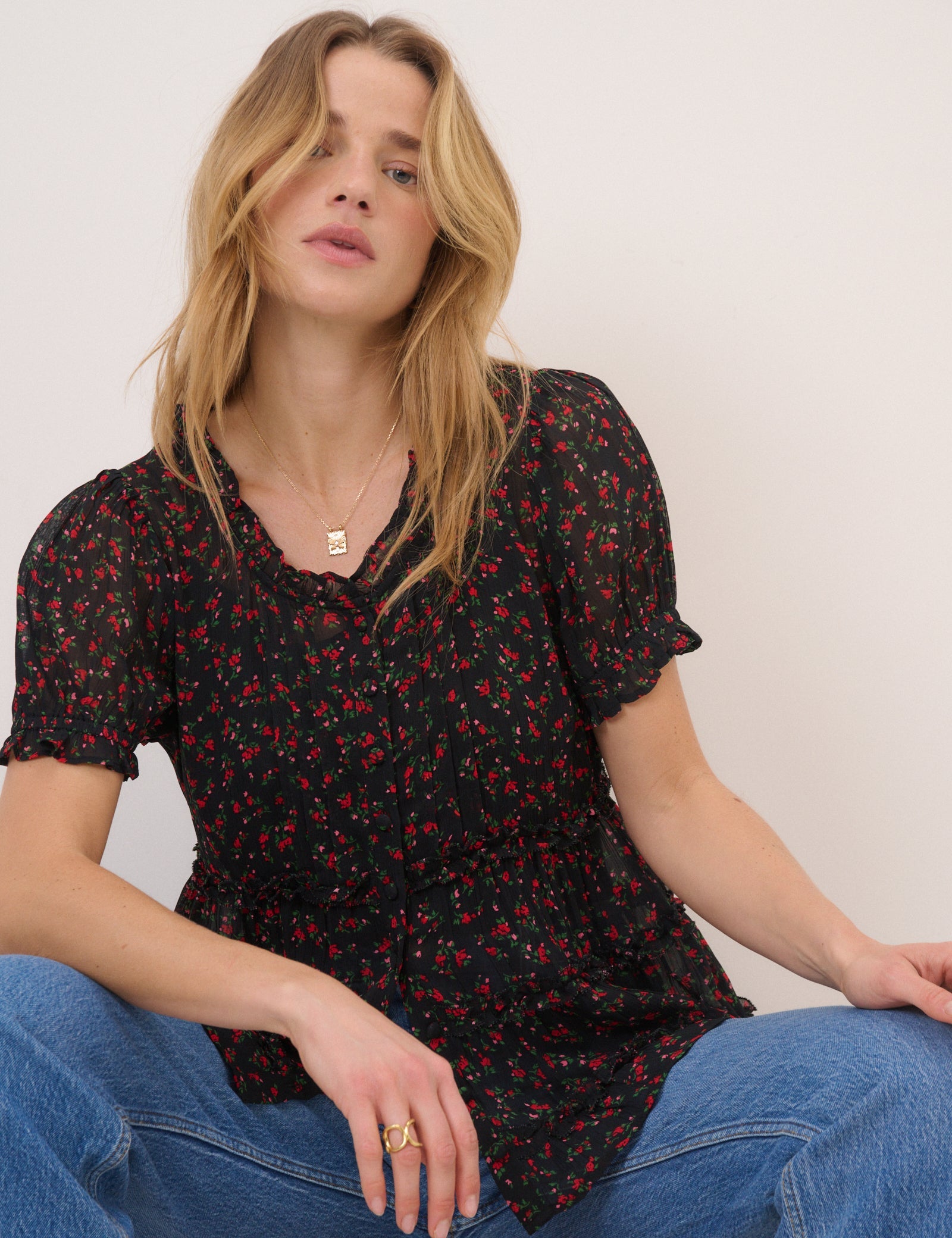 Black Floral Scoop Neck Top